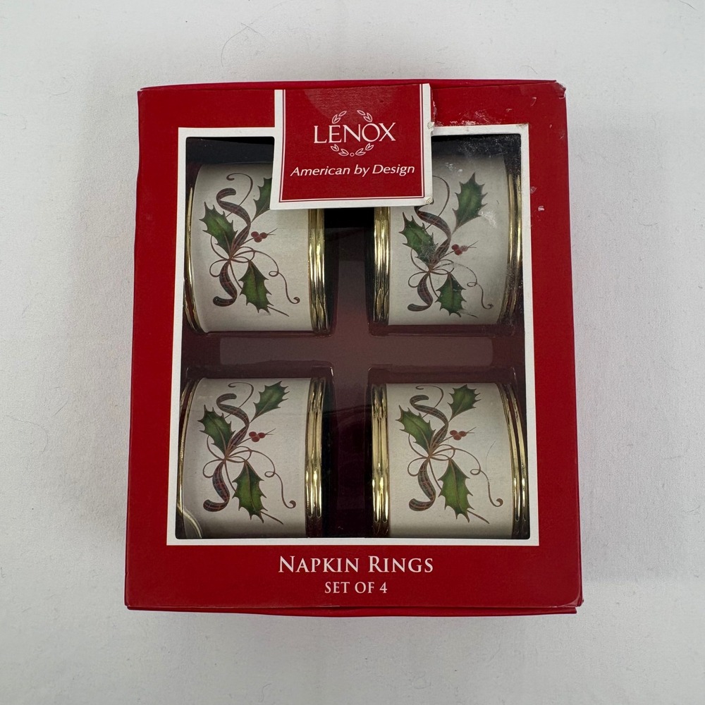 Lenox Holiday Nouveau Napkin Rings Set of 4 Christmas Holly Berry Plaid 7312 NEW